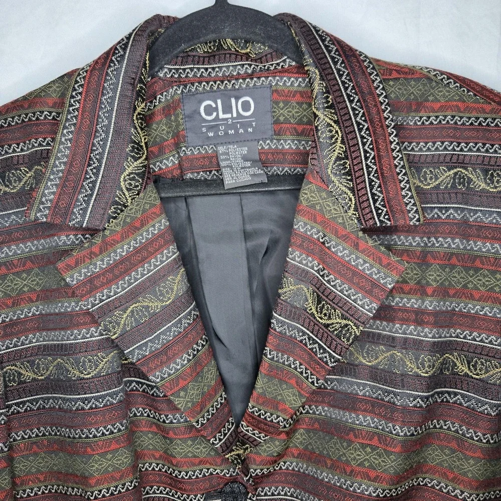 Clio 2 Suit Woman Vintage Long Blazer Woven Geometric Print Red Women's 18W 80's